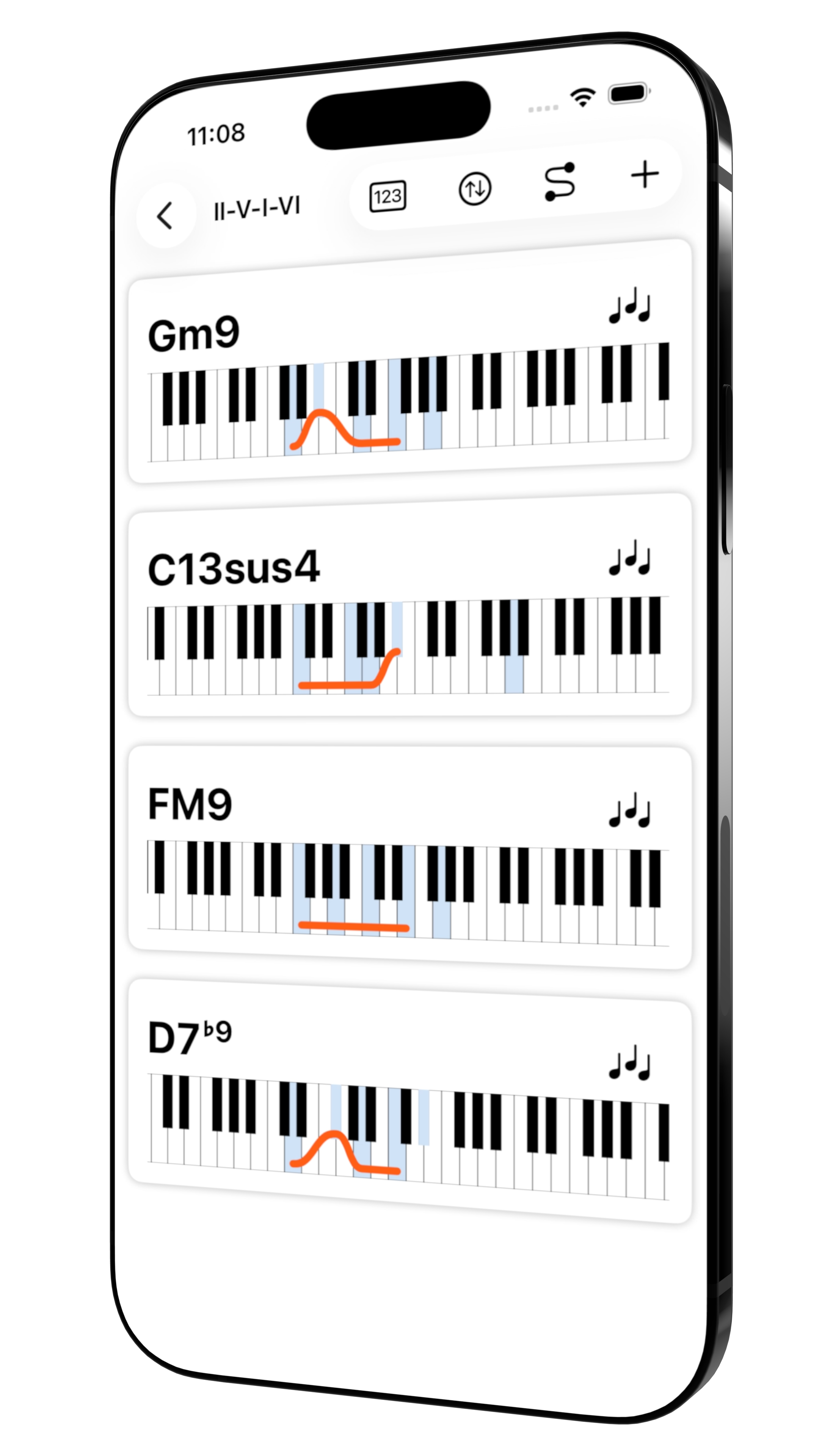 Genchord showing a piano chord progression with highlighted notes