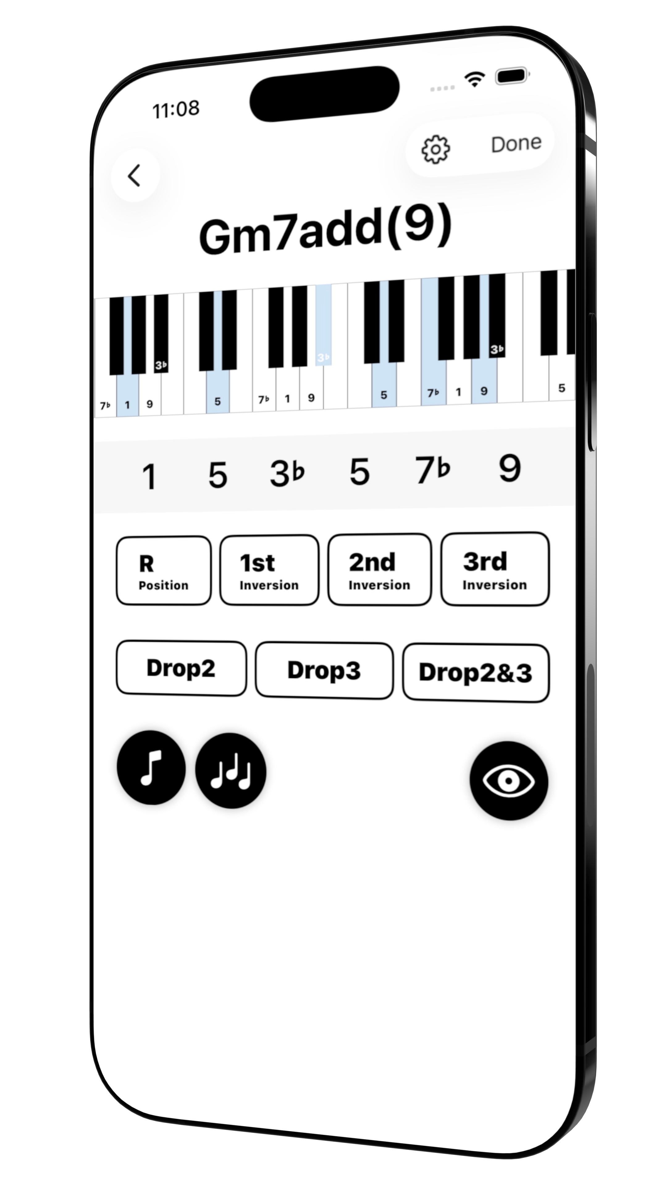 Genchord showing a G minor ninth chord, keyboard notes, and voicing options