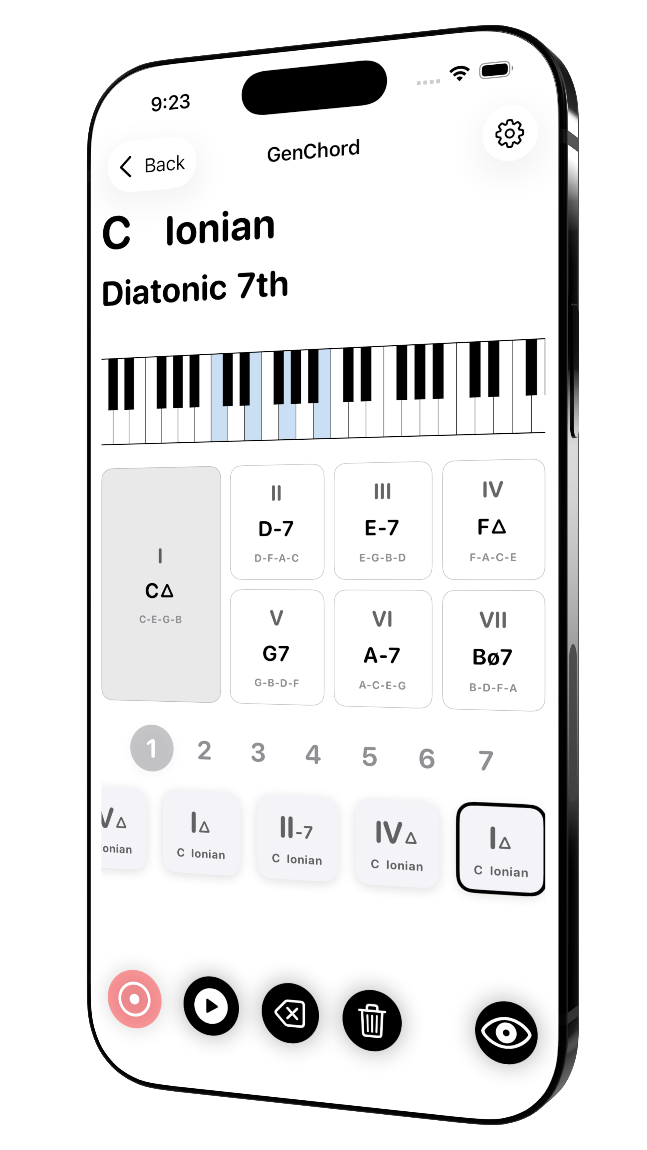 Genchord showing the diatonic seventh chords in C Ionian
