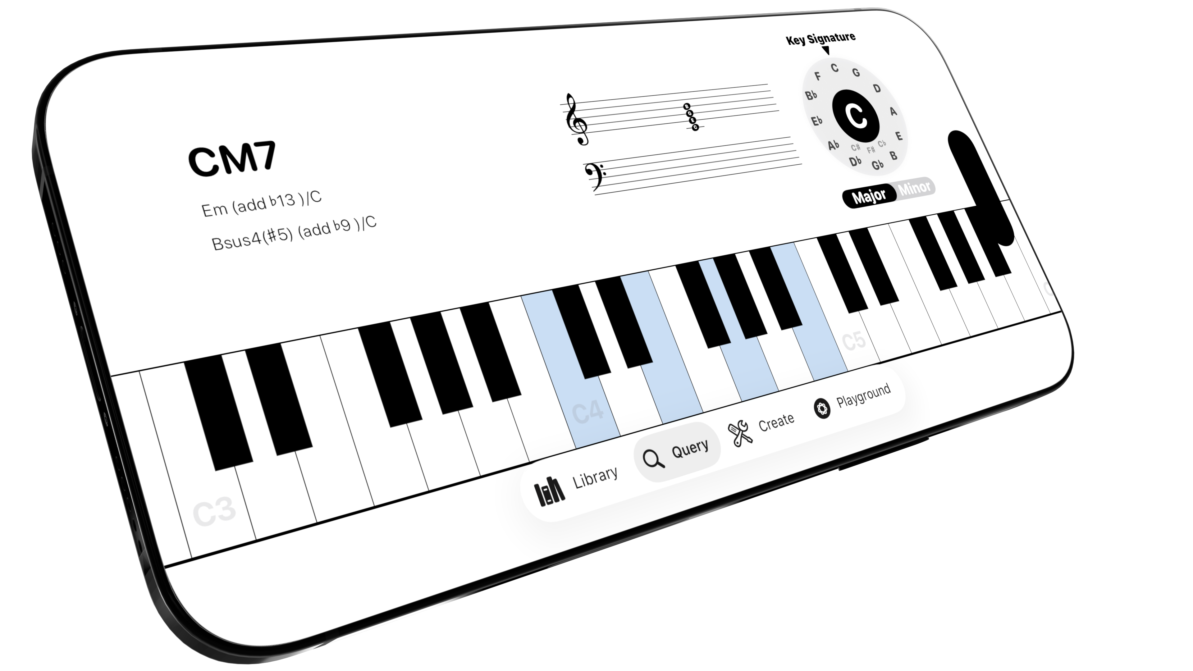 Genchord identifying selected piano notes as CM7, with alternative chord names and staff notation