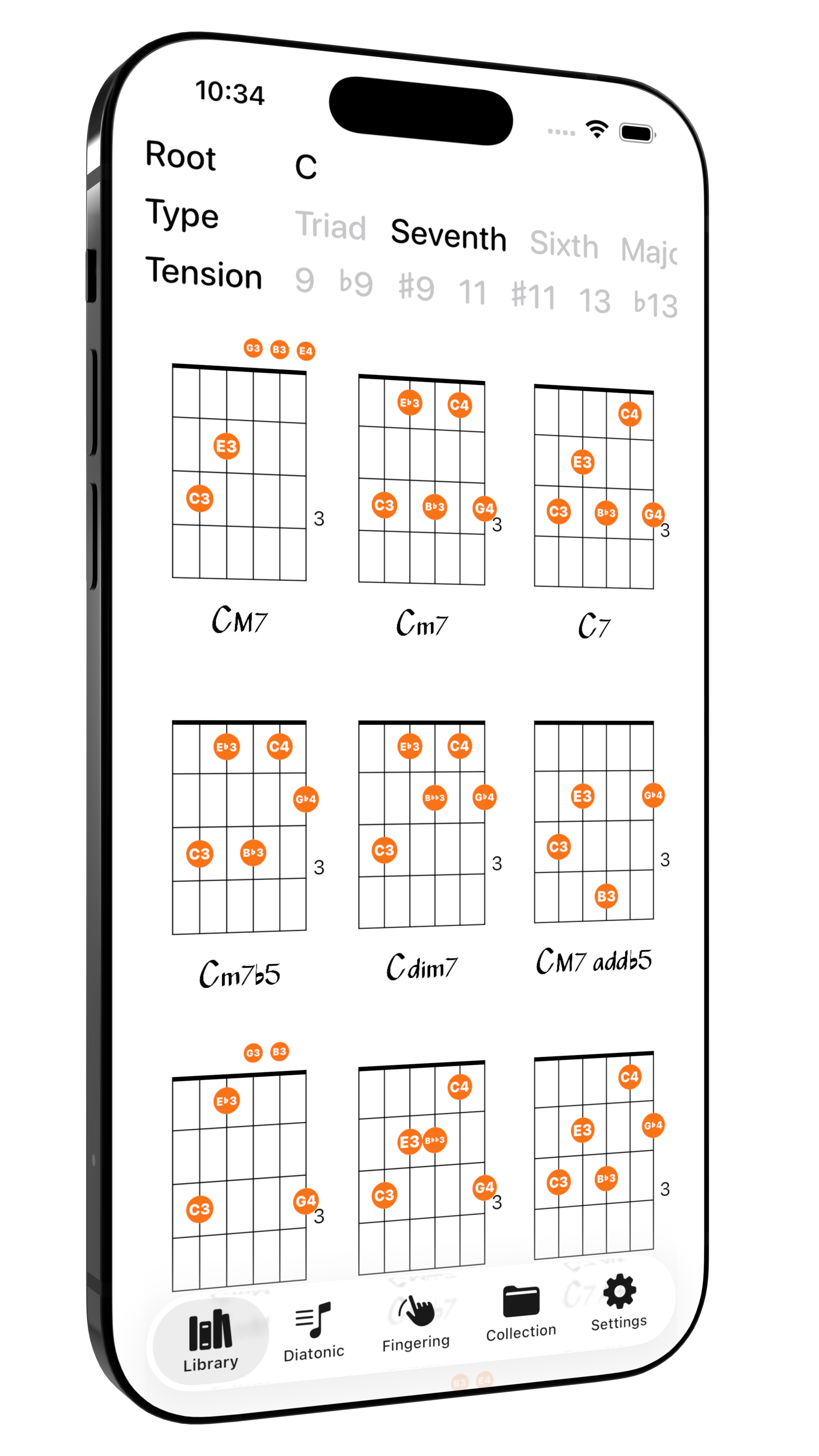 Genchord guitar chord library showing C seventh chord fingerings and fretboard notes