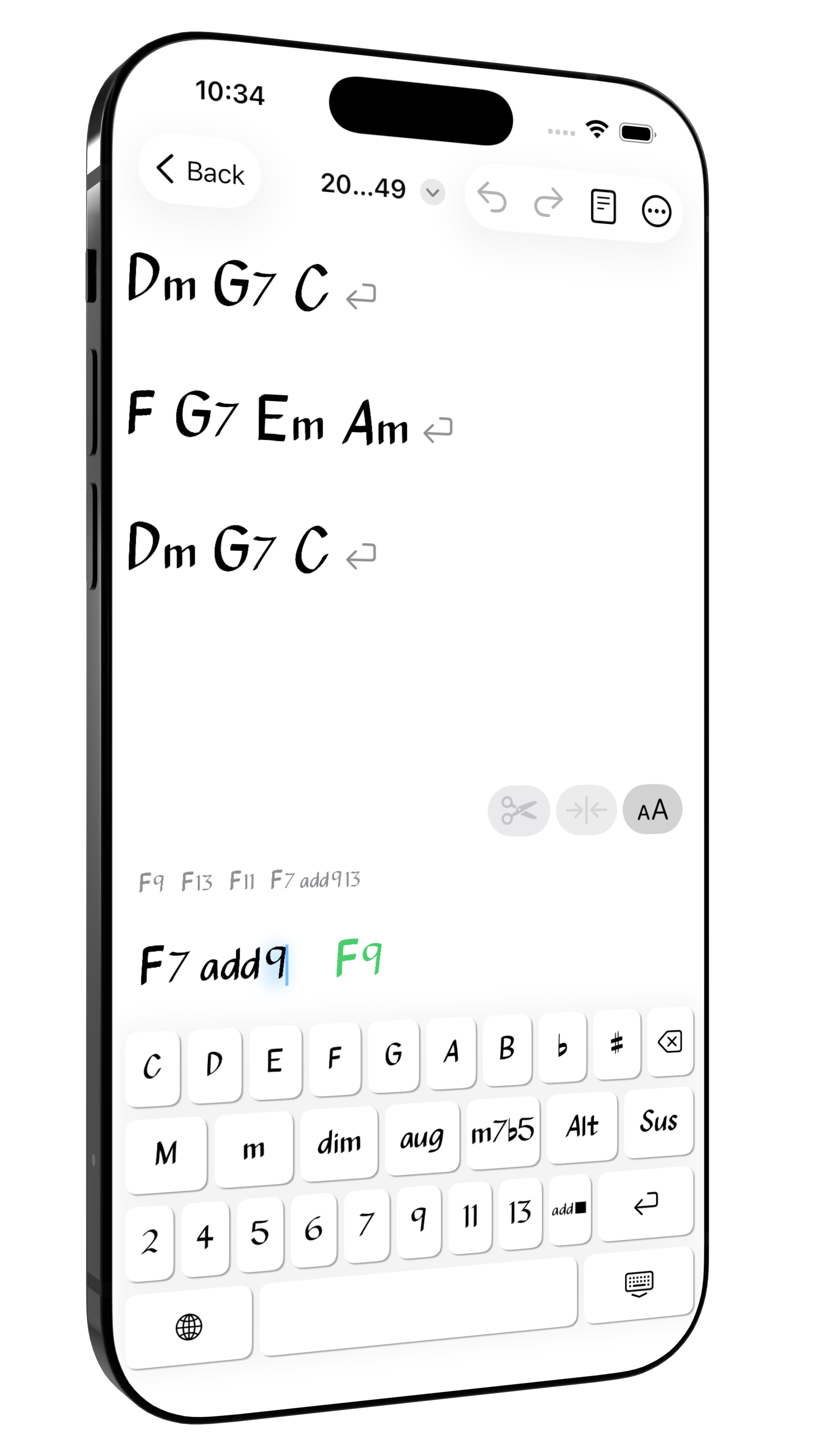 Genchord progression editor showing D minor, G7, C and other guitar chords