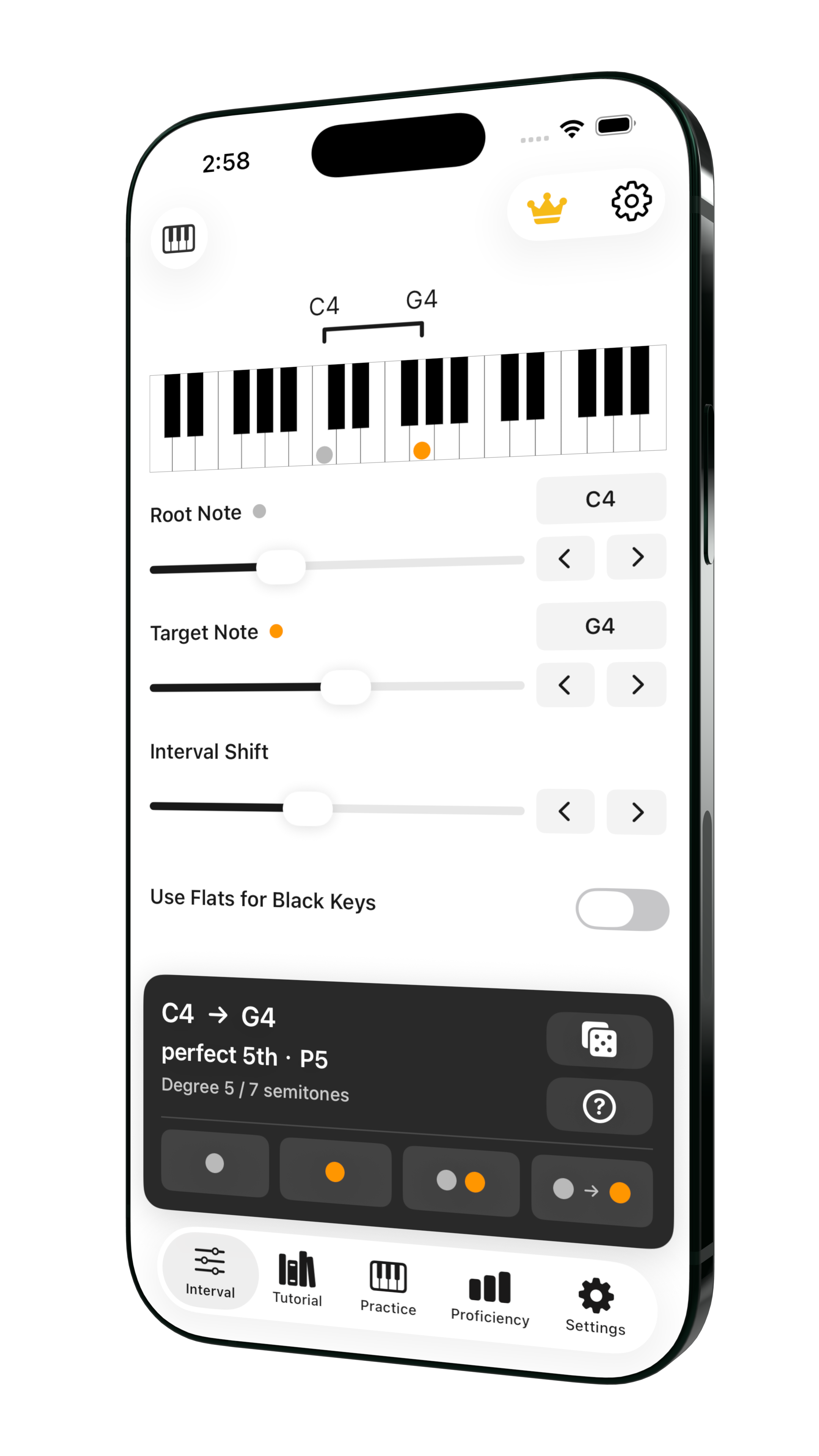 Genchord Practice interval explorer showing C4 to G4 as a perfect fifth