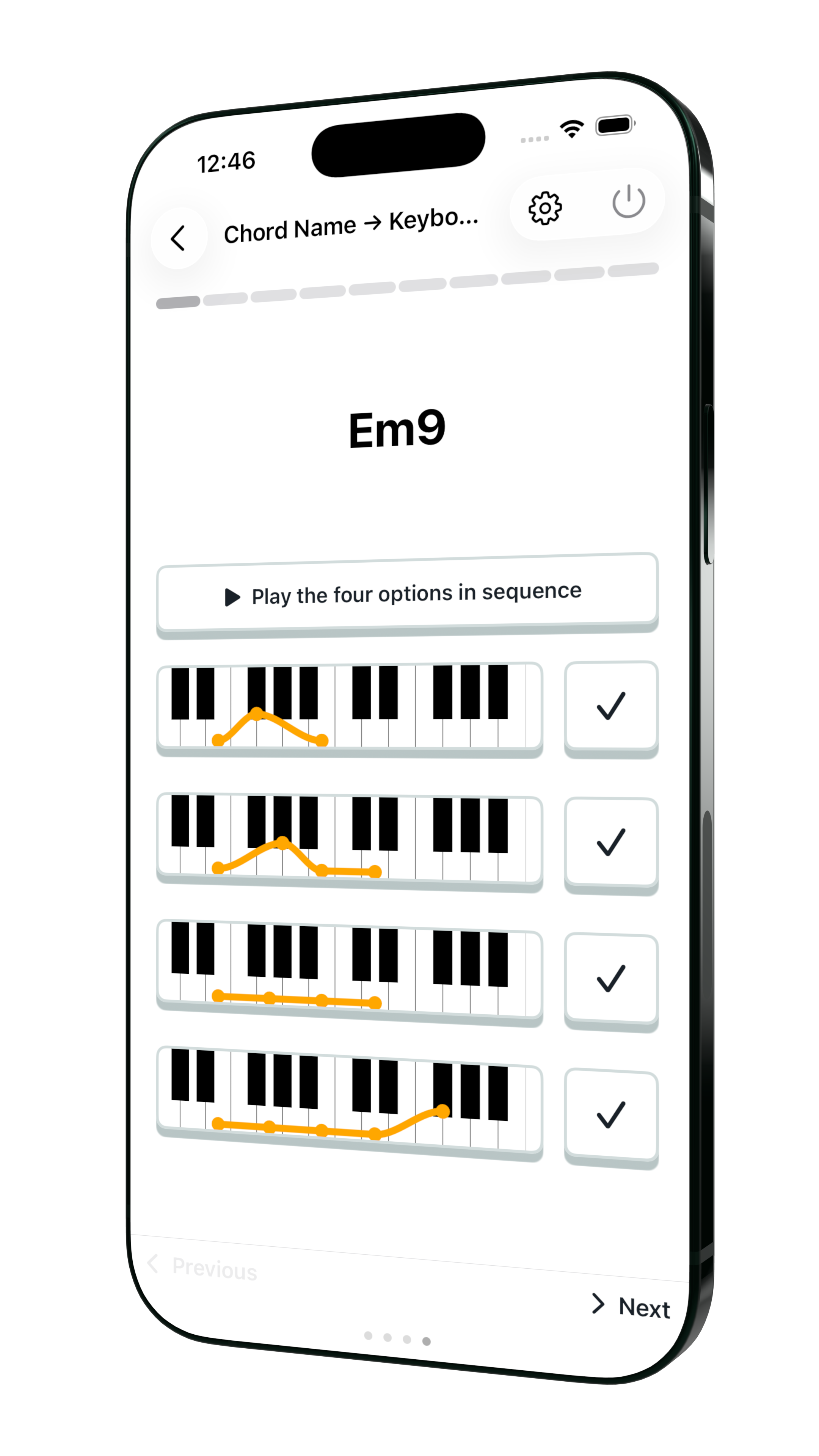 Genchord Practice chord-name exercise showing four keyboard answer choices